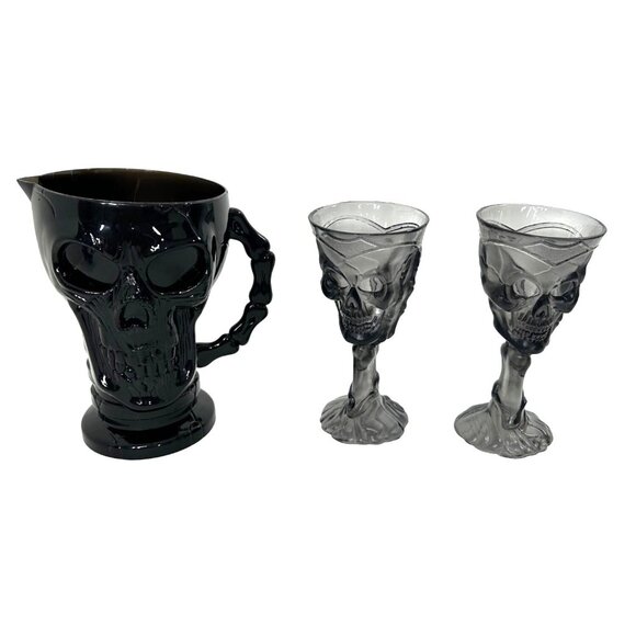 Halloween Black Skeleton Pitcher 2 Goblets Serveware Bar Dining Party Decoration - Picture 1 of 14